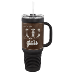 Black with Rustic/Silver Polar Camel 40 oz. Laserable Leatherette Travel Mug with Handle & Straw