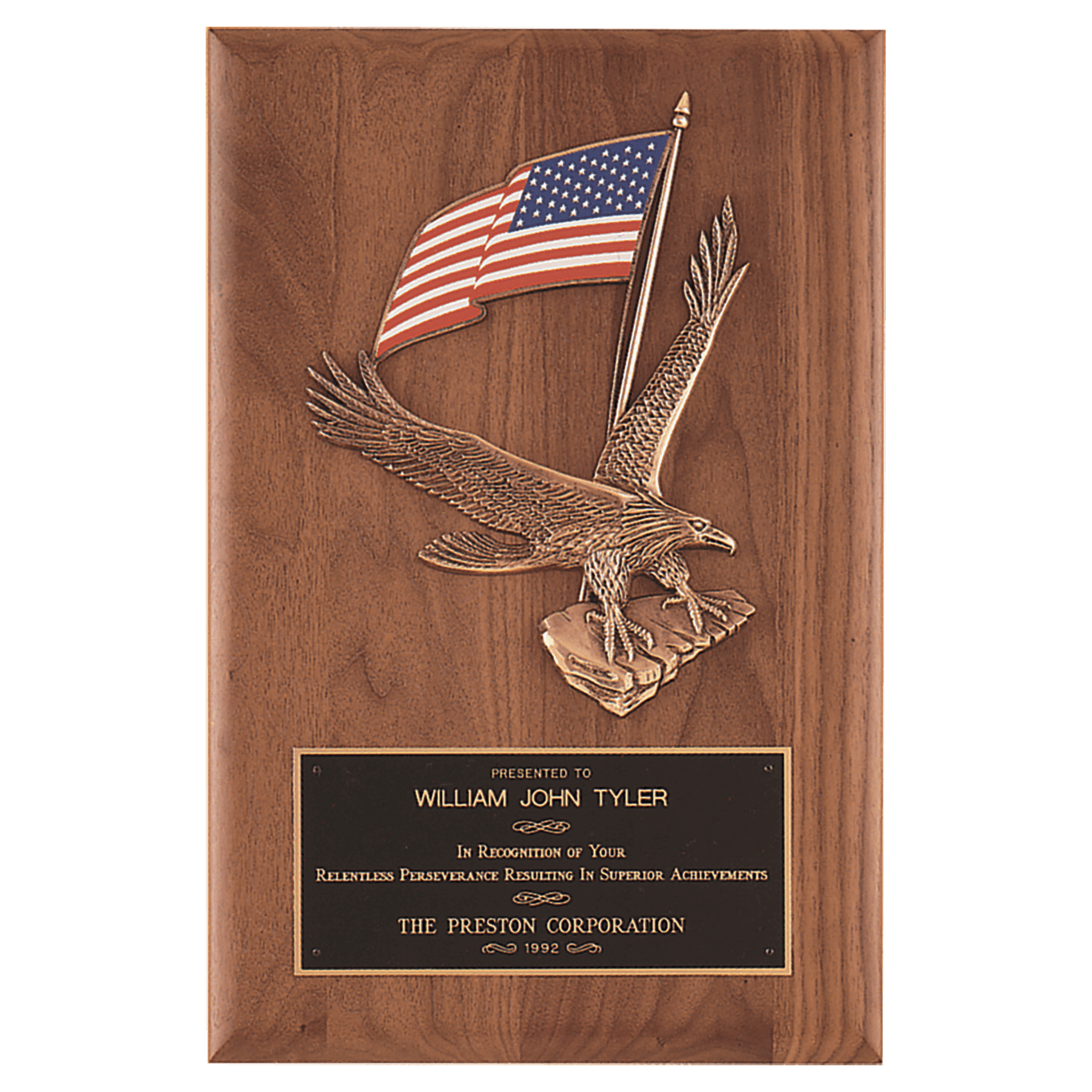 8" x 10 1/2" Solid American Walnut Plaque with Finely Detailed Eagle with American Flag Relief and Black Laserable Brass Plate