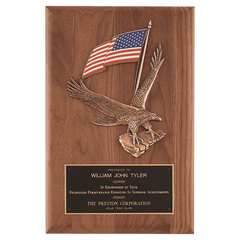 8" x 10 1/2" Solid American Walnut Plaque with Finely Detailed Eagle with American Flag Relief and Black Laserable Brass Plate