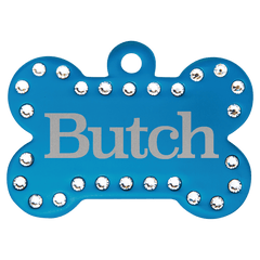 Blue 1 1/2" x 1" Laserable Anodized Aluminum Swarovski Bling Bone with Tab