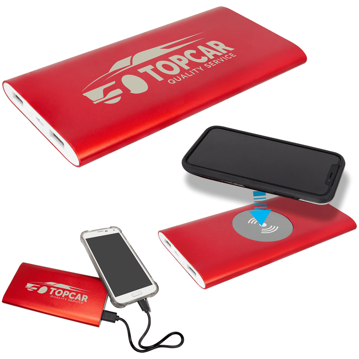 Red 8000MAH Power Bank & Wireless Anodized Aluminum Charger with Power Cord