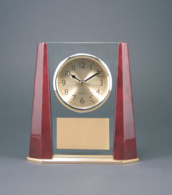 7" Glass Desk Clock with Rosewood Finish Bevel Columns