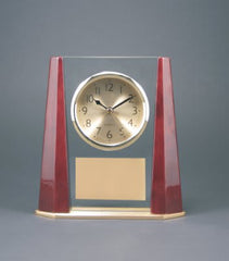 7" Glass Desk Clock with Rosewood Finish Bevel Columns